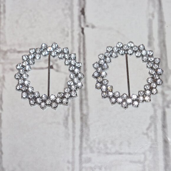 ✨🔘 Set of Two Rhinestone Silver Round Metal Buckles – 2" High Shine · Vintage - Picture 5 of 5